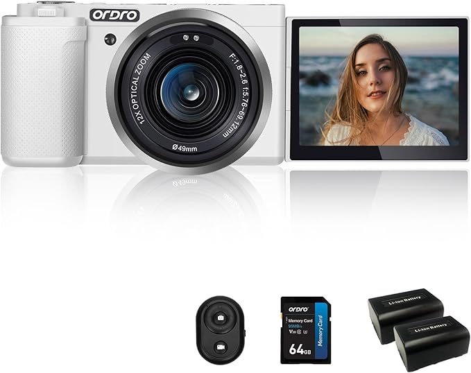 Ordro G730 5K Digital Camera for Photography 64MP Autofocus AF/MF Point and Shoot Camera Vlogging Camera, 12X Optical Zoom 3.2” 270°LCD Flip Screen Compact Camera (White)