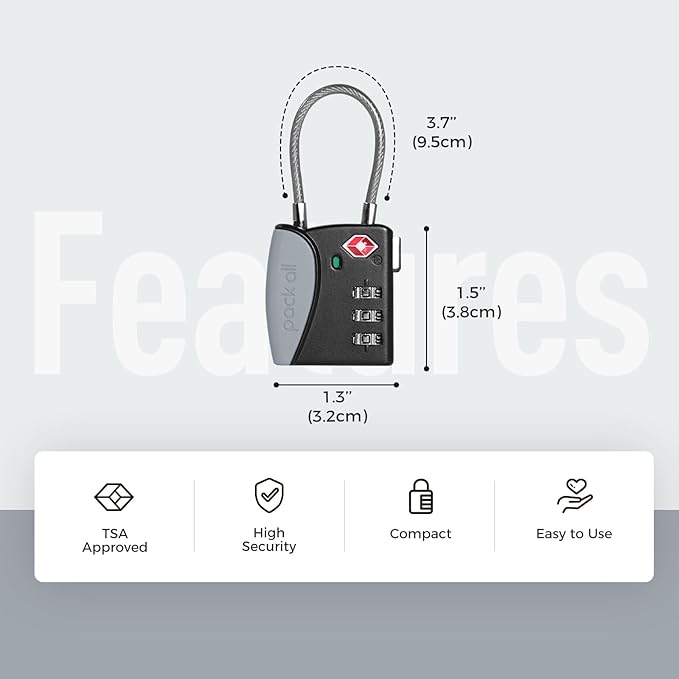 pack all TSA Approved Cable Luggage Locks, 3 Digit Combination Padlocks, Travel Lock for Suitcases & Bag, Alloy Body, Travel Accessories (4 Pack)（Grey）