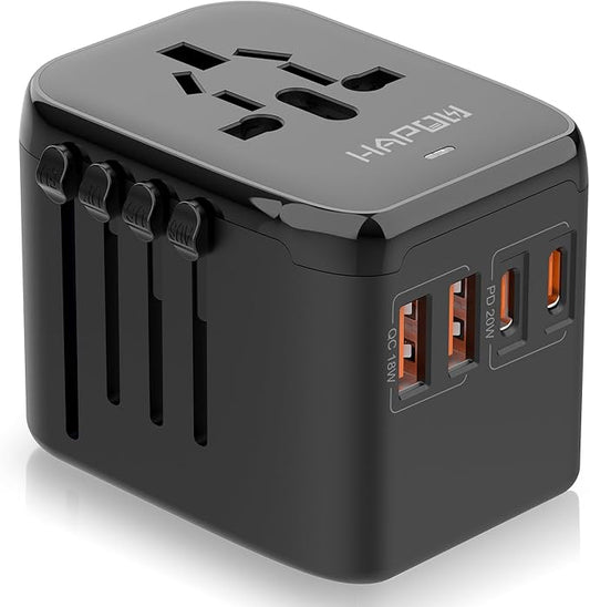 Universal Travel Adapter, PD20W International Power Adapter, 2 USB-C & 2 USB-A Fast Charging Travel Charger, All in One Worldwide Travel Plug Adapter, Outlet Adapter for Europe EU UK USA AU