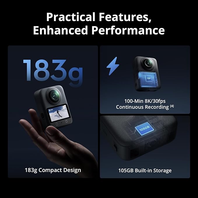 DJI Osmo 360 Camera, Waterproof 8K 360° Action Camera with 1-Inch 360° Imaging, Extended Battery Life with 3 Batteries, Native 8K 360° Video, 105GB Built-in Storage, 360 Action Camera for Sports