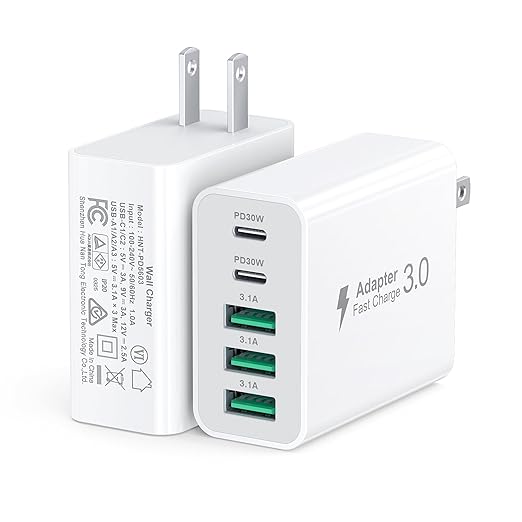 60W Fast Charger Block,2-Pack USB C Wall Charger,5-Port Dual 30W PD Charging Adapter+QC 3.0 Wall Plug Multiport Total power 60W Type C Charging Cube Brick For iPhone 17/16/15/14/13/Pro Max,iPad,Galaxy