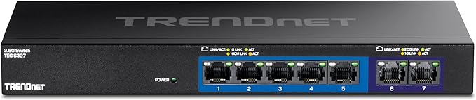 TRENDnet 7-Port Multi-Gig Gaming Switch, TEG-S327, 5 x 1G RJ-45 Base-T Ports, 2 x 2.5G RJ-45 Ports, 20Gbps Switching Capacity, Wall Mountable, Plug & Play, Lifetime Protection, Black