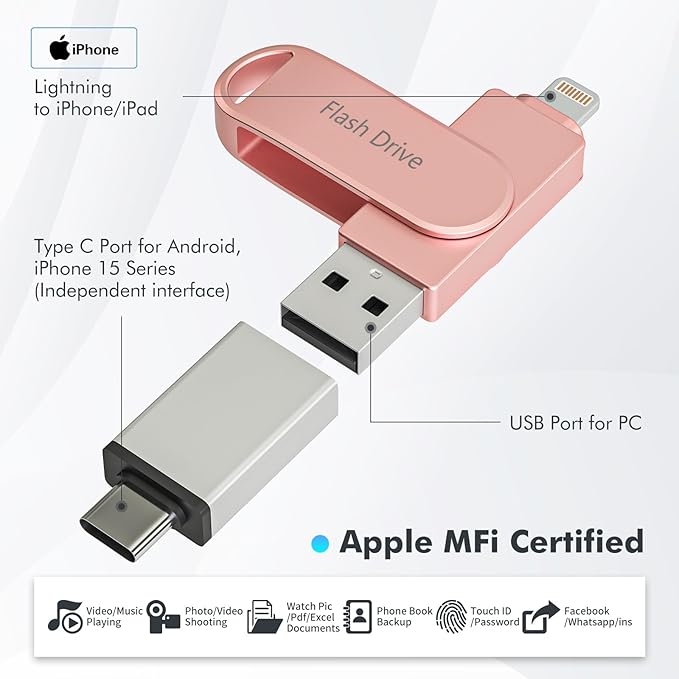 Apple MFi Certified 512GB Photo Stick, Flash Drive for iPhone Memory Stick for Photo/Video Backup Stick, High-Speed USB Stick iPhone Storage Drive Compatible for iPhone/iPad/Android/PC (Pink)