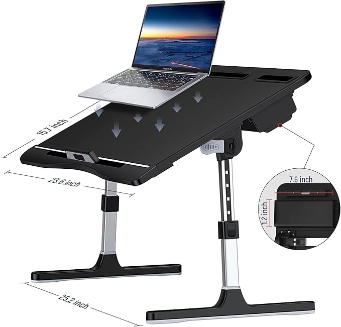Laptop Desk for Bed, Lap Desks Trays with Double Storage Drawers, Adjustable Premium Leather Laptop Stand with Extra Drawstring Bag, Foldable Lap Table for Eating, Working, Writing and Drawing
