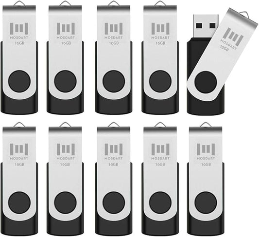 10 X MOSDART 16GB Bulk USB 2.0 Flash Drives Swivel Thumb Drives Zip Drive Memory Stick with Led Indicator,10 Pack Black