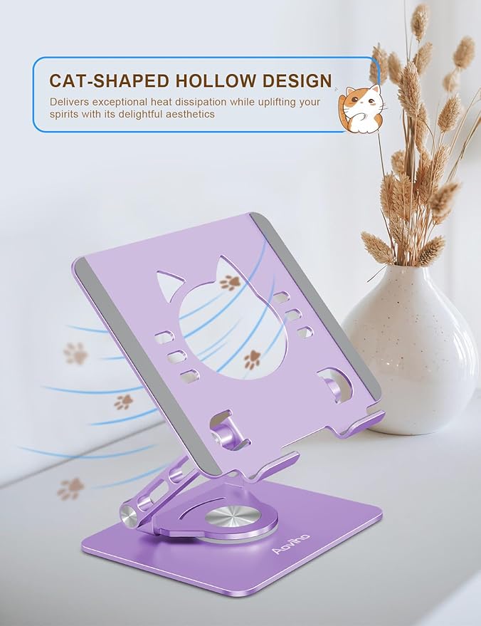 Tablet Stand 360° Rotating Aluminum Holder - Adjustable, Portable & Foldable Monitors Stand for iPads, Compatible with 4-13.3" Tablets, Purple