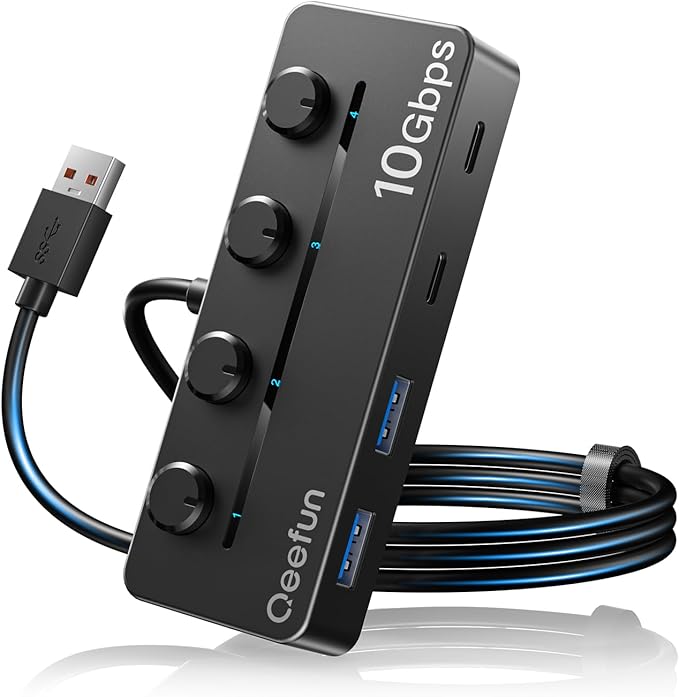Qeefun 4-Port USB 3.2 Hub with 2 USB-C and 2 USB-A Ports, Individual LED Power Switches,10Gbps Data Transfer USB Splitter with 4ft Extension Cable, Multiple USB Extender for Laptop, PC, iMac etc