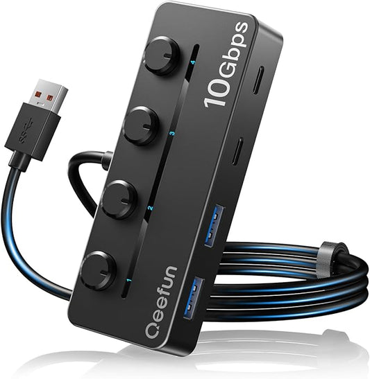 Qeefun 4-Port USB 3.2 Hub with 2 USB-C and 2 USB-A Ports, Individual LED Power Switches,10Gbps Data Transfer USB Splitter with 4ft Extension Cable, Multiple USB Extender for Laptop, PC, iMac etc