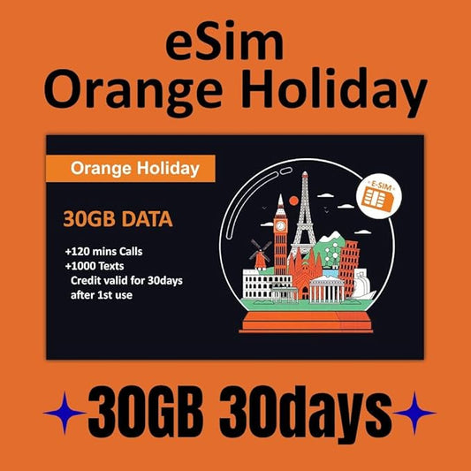Orange Holiday Europe Prepaid eSIM Card 30GB Internet Data in 5G/4G/LTE (Data tethering Allowed)+120min & 1000 SMS from Europe to Any Country Worldwide