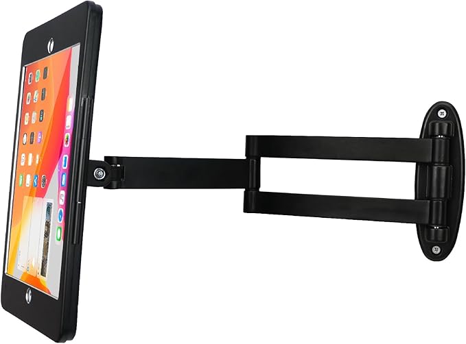 Tablet Wall Mount Bracket with fold for iPad 10.2-Inch (9th,8th,7th Gen.), Extend Adjustable Arm Swivel with Anti Theft Security Lock and Key, Multi Angle, Rotate Design,Metal (Black)