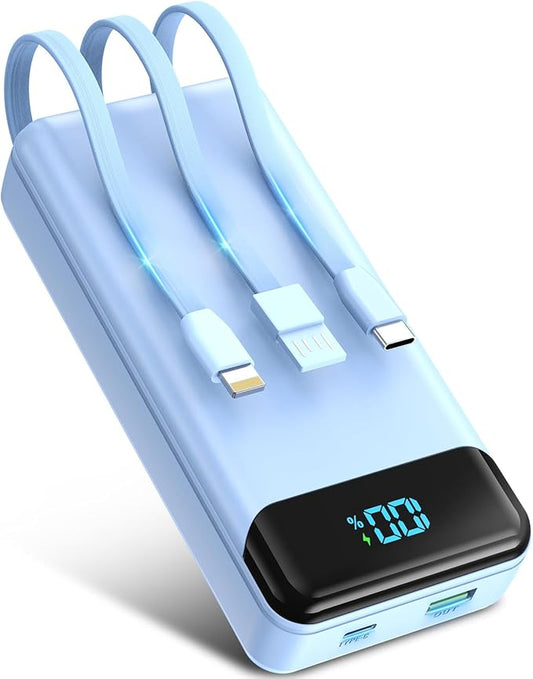 Portable Charger 40000mAh Power Bank Built-in Cable Battery Pack, PD 22.5W Fast Charging Portable Phone Charger 4 Output 3 Input, Compatible with iPhone 16 15 14 13 Samsung Google iPad (Blue)