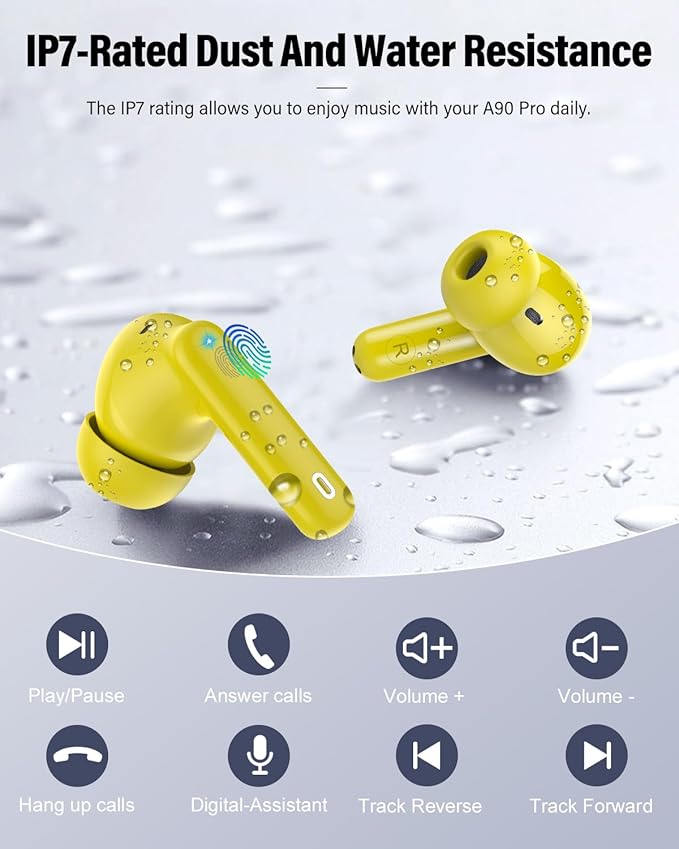 Wireless Earbuds, Bluetooth 5.4 Headphones Bass Stereo, Ear Buds with Noise Cancelling Mic, LED Display in Ear Earphones Clear Calls, IP7 Waterproof Bluetooth Earbuds for Laptop/Phones/Sports, Yellow