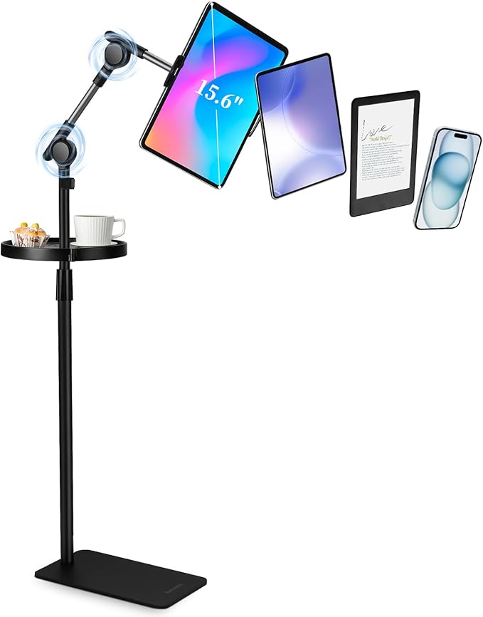 SHUWEI Tablet Floor Stand with Tray and Double Self-Locking Worm Gears, 63”Height Adjustable Floor Stand with 7.5lb Stable Base, Compatible with 4.7-15.6'' iPad, Kindle, Phone