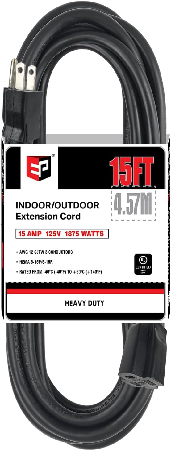 EP 15 Ft Outdoor Extension Cord - 12/3 SJTW Heavy Duty Black Extension Cable with 3 Prong Grounded Plug - Power Cord for Lawn, Garden, Appliances