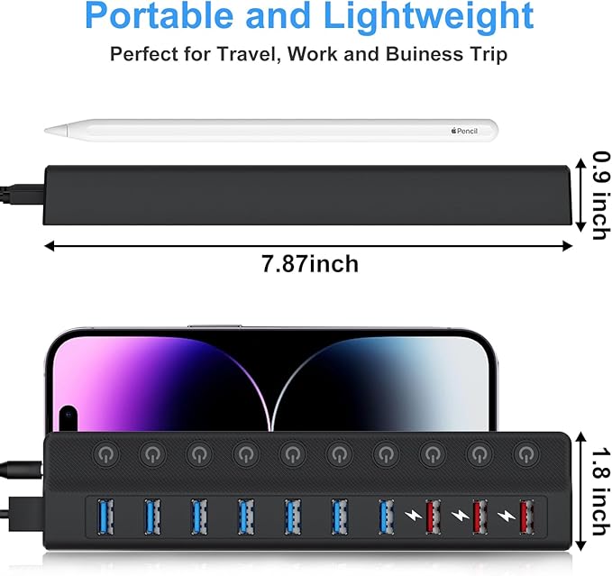 Powered USB Hub, 10-Port USB Splitter Hub (7 Faster Data Transfer Ports+ 3 Smart Charging Port) with Individual LED On/Off Switches and 12V/3A Power Adapter USB Extension for Mac, PC and More