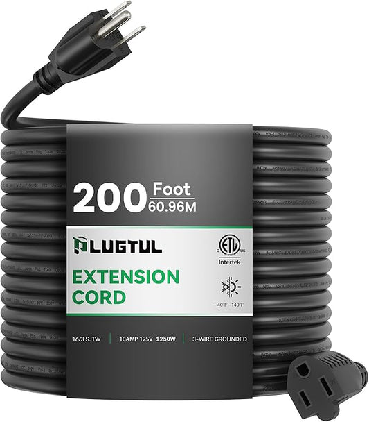 200 FT Outdoor Extension Cord Waterproof 16/3 Black Heavy Duty 3 Prong Extension Cord, 10A 1250W SJTW, ETL Listed, Great for Garden and Home