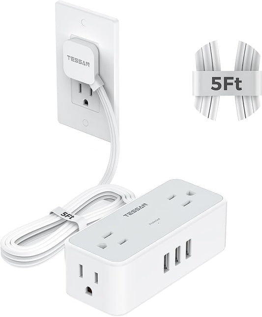Ultra Thin 5FT Flat Extension Cord, TESSAN Surge Protector Flat Plug Power Strip, 4 Wide Spaced AC Outlets 3 USB A, 900 Joules Protection, Suitable for Home Office Dorm