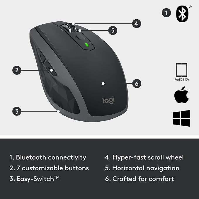 Logitech MX Anywhere 2S Bluetooth Edition Compact Wireless Mouse, No USB Receiver - Use On Any Surface, Hyper-Fast Scrolling, Rechargeable, Control Up to 3 Apple Mac and Windows Computers and Laptops