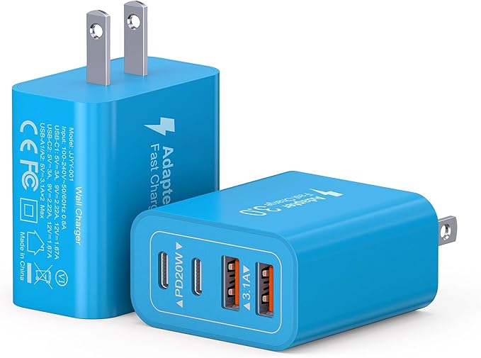 40W USB C Charger Block, 2-Pack 4-Port Type C Fast Charging Brick Dual PD&QC Wall Plug Adapter Power Brick for iPhone 13/14/15/16/17/Pro Max Plus/iPad/Airpods/iwatch/Samsung Galaxy (Light Blue)