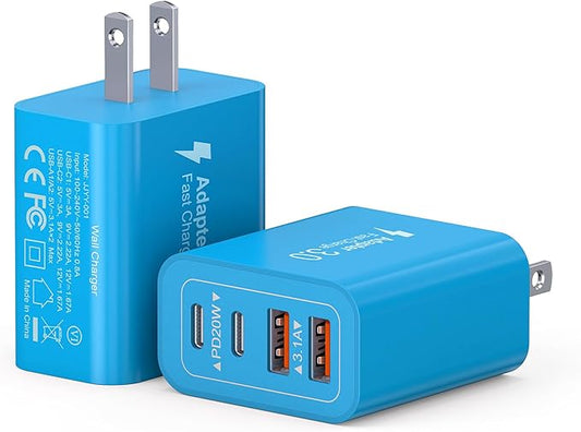 40W USB C Charger Block, 2-Pack 4-Port Type C Fast Charging Brick Dual PD&QC Wall Plug Adapter Power Brick for iPhone 13/14/15/16/17/Pro Max Plus/iPad/Airpods/iwatch/Samsung Galaxy (Light Blue)