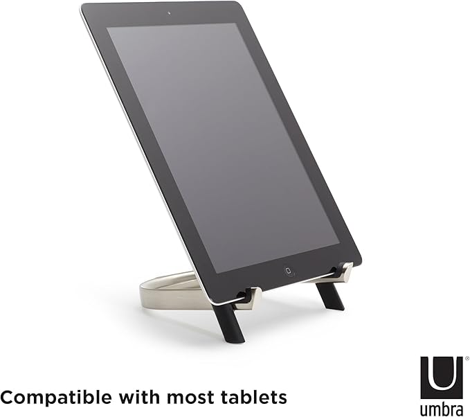 Umbra Udock Tablet/Phone Holder, Phone Easel/Tablet Easel - Great for Kitchen, Props Up Your Screen So You Can Follow Along with Recipes, Read/Watch Online Content, Black/Nickel Finish