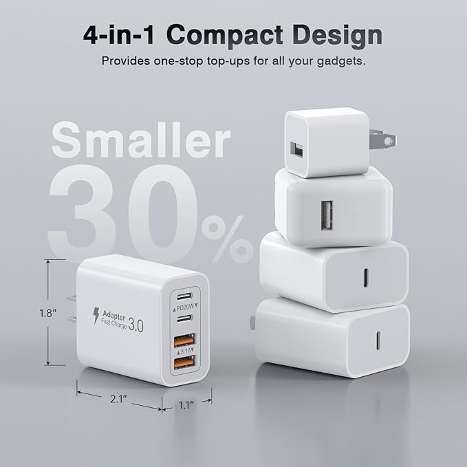 [3-Pack] USB C Wall Charger,40W Fast USB C Charger Block,4-Port PD+QC Wall Plug Power Adapter Multiport Type C Charging Block for iPhone 17/16/15/14/13/12/Pro Max,iPad,Samsung,AirPods4,Watch10,Ultra2