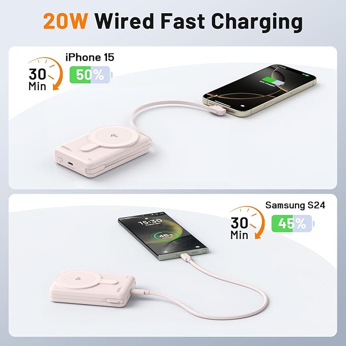 Magsafe Portable Charger 10000mAh Qi2 15W Fast Charging Magnetic Power Bank, Battery Pack with Foldable Stand, PD20W USB C Built in Cable, Mag Safe Only for iPhone 17/16/15/14/13/12 Series