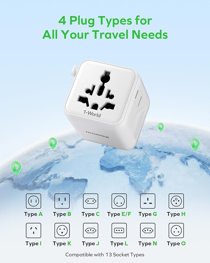 MOMAX Mini Universal Travel Adapter Worldwide, 2 AC, All European Travel Plug Adapter UK, Travel Essentials for US to Europe Adaptor, All-in-One Wall Charger for AUS JP, Over 200 Countries