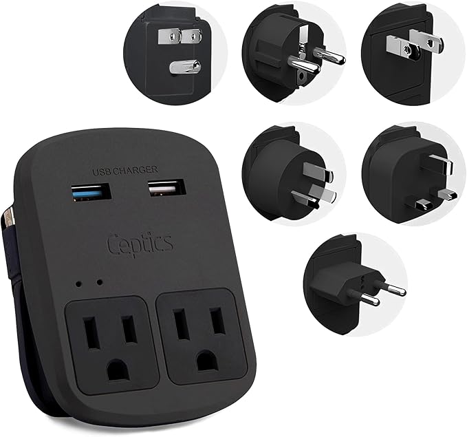 Ceptics World Travel Adapter Kit - QC 3.0 Dual USB + Dual US Outlets, Surge Protection, Perfect For Europe, UK, China, Australia, Japan, Perfect For Laptop, Cell Phones, Cameras - Safe ETL - Black