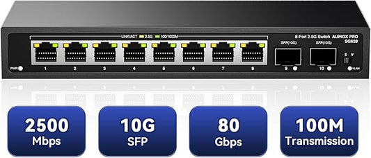10 Port 2.5Gb Unmanaged Ethernet Switch with 8* 2.5G Base-T Ports, 2*10G SFP Ports, AUMOX PRO 80 Gbps Vlan Switching Capacity Compatible with 100/1000/2500Mbps Plug and Play