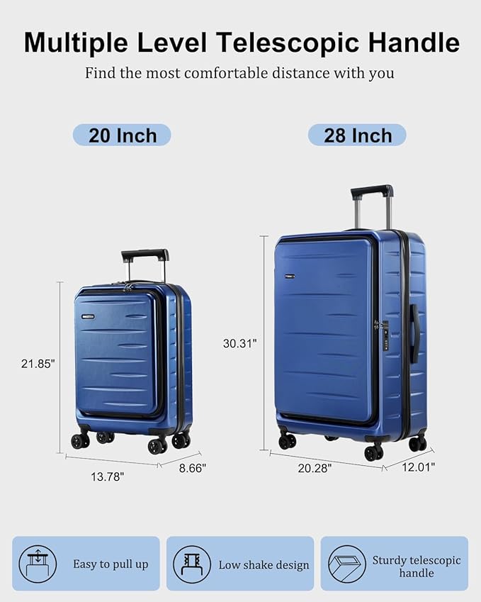 Luggage Sets 2 Pieces, 20 Inch Carry On Luggage and Expandable 28 Inch Checked Luggage with Spinner Wheels, Lightweight ABS+PC Hard Shell Suitcase with Front Opening, TSA Lock (Blue, 20/28)