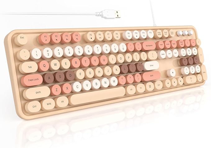 Colorful Computer Keyboards Wired, USB Plug and Play Full Size Typewriter Keyboard, Cute Aesthetic Keyboard with Foldable Stands for Windows PC Laptop (Milk Tea)