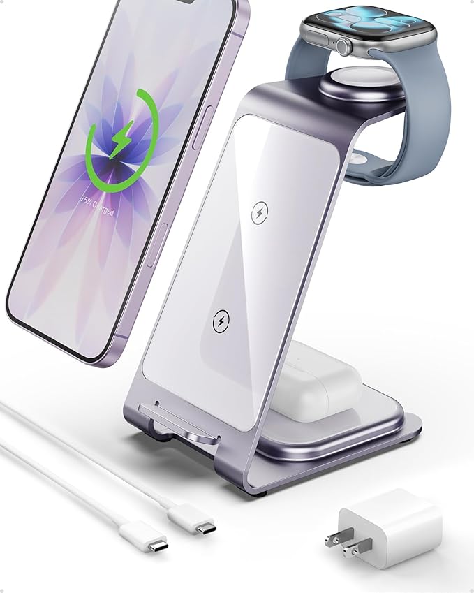 Intoval 3 in 1 Wireless Charging Station for iPhone 17 16 15 14 13 12 11 X Pro Max, Wireless Charger for Apple Watch Ultra 3 SE 9 8 7 6 5 4 3 2, for AirPods 4 Pro Pro 2 3 (Y93, Lavender)