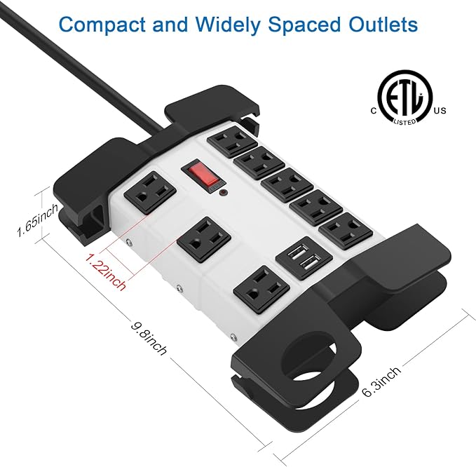Heavy Duty Power Strip with USB, Workshop 8 Outlet Surge Protector 2700 Joules, Industrial Metal 15Amp Power Strip, 25 FT Extension Cord and Wide Spaced.