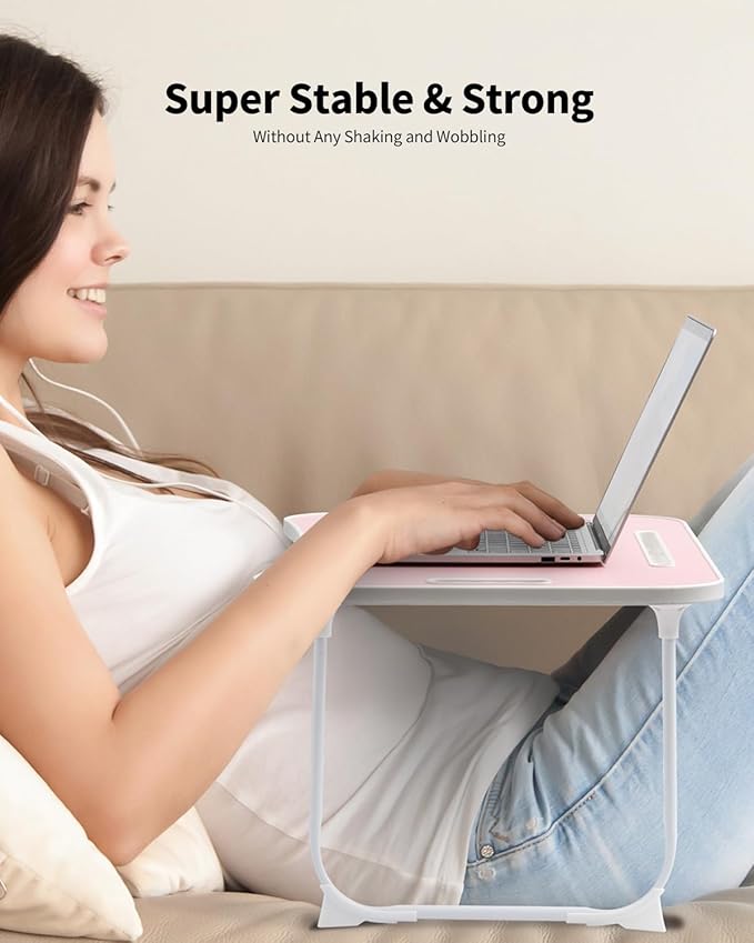 Foldable Lap Desk, Laptop Bed Desk, Portable Lap Table, Laptop Bed Table with Cup Holder & Tablet Slot & Lifting Handle for Working Writing Drawing & Eating - Pink