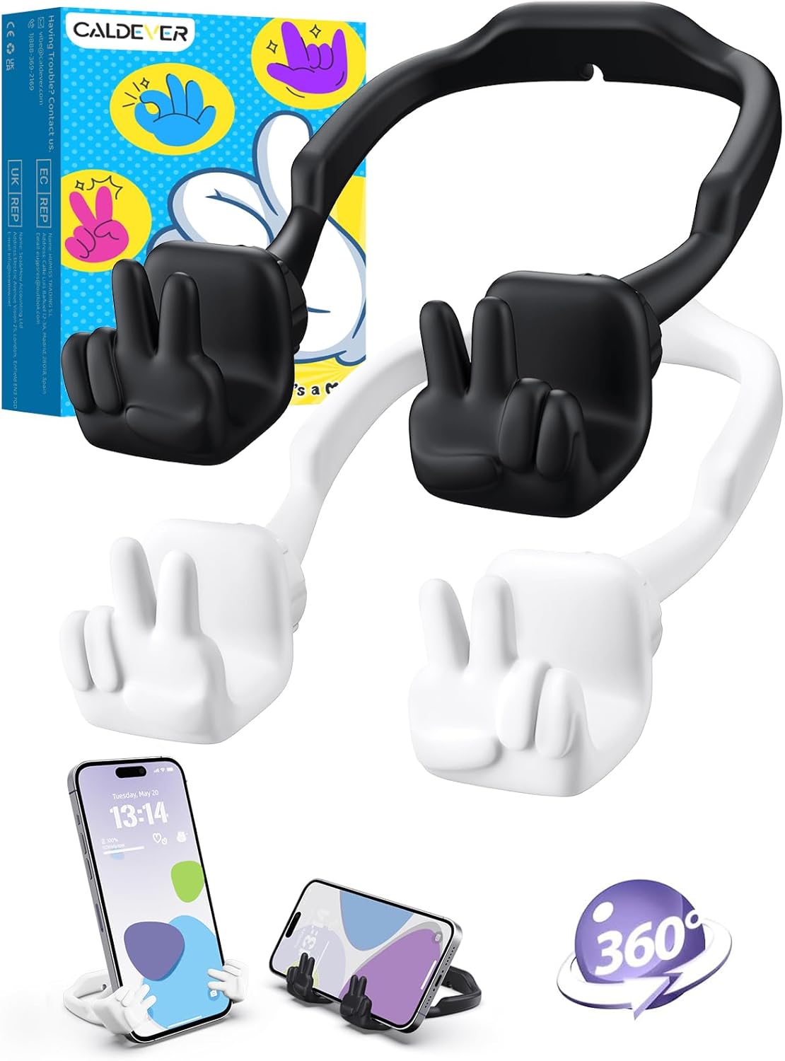 Stocking Stuffers for Teens Girls Boys Kids Cell Phone Stand: 2 Pack Upgrade Adjustable Peace Sign Thumbs Lazy Phone Holder for Desk Cool Gadgets Birthday Gifts for Women Men Adults (Black&White)