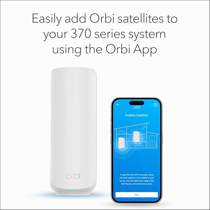 NETGEAR Orbi 370 Series (RBE370) Dual-Band WiFi 7 Mesh Network Add-on Satellite – Works with Orbi RBE372, RBE373, RBE374, Security Features, 5 Gbps, Adds Coverage up to 2,000 sq. ft., BE5000