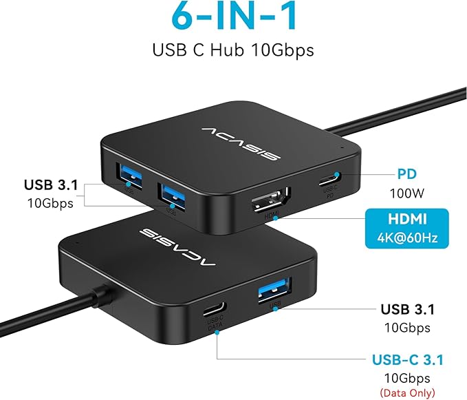 ACASIS USB C Hub 10Gbps, 6-in-1 Multiport Adapter with 4K 60Hz HDMI, 100W Power Delivery, USB A3.2 Data Port, USB C to HDMI Adapter for MacBook, Dell, Lenovo, Surface, iPad PRO, XPS(Black)