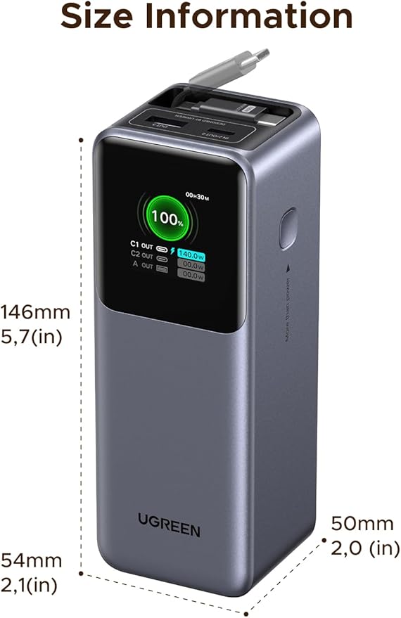 UGREEN Nexode Power Bank 20000mAh 165W with Built-in USB C Cable Laptop Travel Portable Charger, 100W Input, Fast Charging for MacBook Pro/Air/iPhone 17/16/iPad Pro/Galaxy S25 Ultra/Dell/HP and More