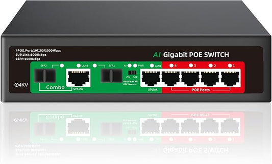 STEAMEMO 8 Port Gigabit Ethernet Unmanaged PoE Switch, 4 Gigabit PoE+ @65W Built-in Power, 2 Uplink Gigabit Port + 2 SFP Slot, VLAN Mode, 802.3af/at, Desktop/Wall-Mount, Plug & Play