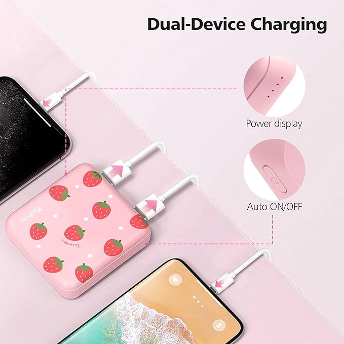 Yoobao Portable Charger 10000mAh, Cute Power Bank USB-C for Girls Travel, 2 Outputs & 2 Inputs (5V/2.1A), Mini Phone Battery Pack for iPhone 11/12/13/iPad/Android (Strawberry)