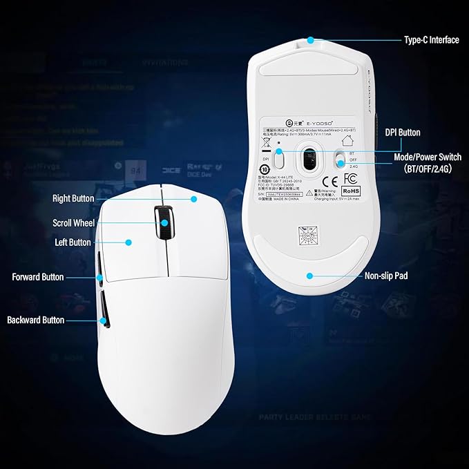 XuanGui Wireless Gaming Mouse,2.4G/BT/USB-C Wired,5-Level DPI 4000 Max,50g Lightweight,1000Hz Polling Rate,Macro Program,Side Buttons,44-Hour Battery Life,For Laptop/PC/Computer/Mac/Tablet (White-2)