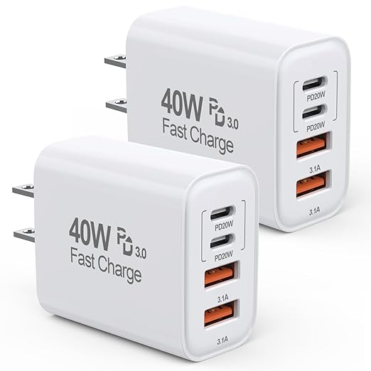 40W iPhone 17 16e 15 Charger Block Fast Charging,2Pack USB C Wall Charger,4-Port Fast USB Wall Adapter PD + QC Multiport Block Cube for iPhone 17 Air/17 Pro/Pro Max/16/16 Pro/15/14/13/12/11/Pro Max/XS