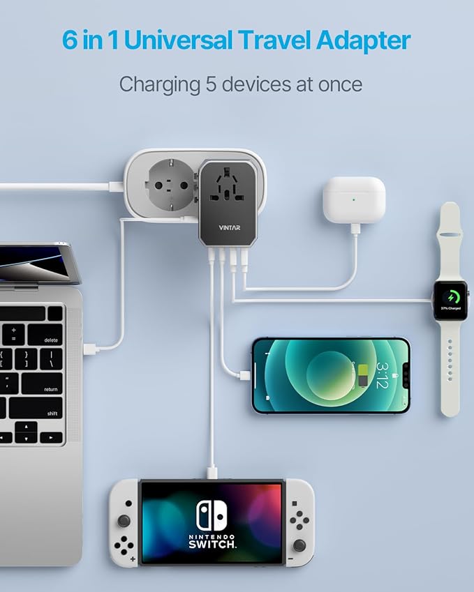 Universal Travel Adapter, VINTAR 70W GaN International Power Adapter with 5 USB Ports (3 USB-C), All-in-one Travel Essentials Plug Adaptor, Travel Adapter Worldwide for UK/EU/USA/AUS, Black