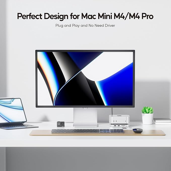 Mac mini M4 Dock with 4TB M.2 SSD Enclosure (SSD NOT Included), Mac mini M4/ M4 Pro Hub Stand with HDMI 4K@60Hz, 2024 MacMini USB C Hub Accessories, 3 USB A 2.0, SD/TF, 3.5mm Audio