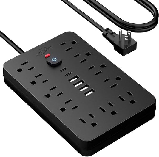5 FT Flat Plug Surge Protector Power Strip,11 Multiple AC Outlets with 6 USB Ports (2 USB C), 5 Feet Extension Cord, 1250W/10A, One Touch Switch Button, 17 in 1 Compact powerstrip