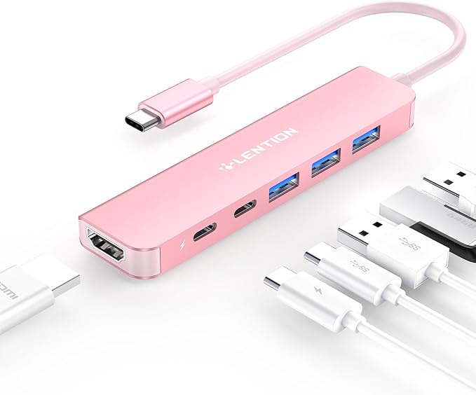 LENTION USB C Hub, Multiport with 4K HDMI Port, 3xUSB-A Ports, USB-C Data Port, 100W PD Port, Compatible New MacBook Pro/Air, iPhone 15 Pro/Pro Max, Surface, Chromebook, More(CE35s, Rose Gold)