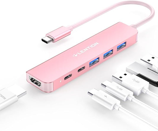LENTION USB C Hub, Multiport with 4K HDMI Port, 3xUSB-A Ports, USB-C Data Port, 100W PD Port, Compatible New MacBook Pro/Air, iPhone 15 Pro/Pro Max, Surface, Chromebook, More(CE35s, Rose Gold)