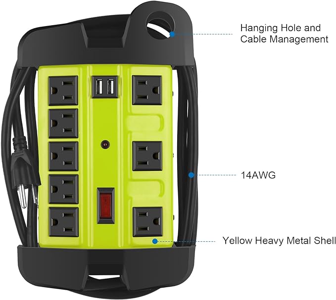 Heavy Duty Power Strip with USB, Workshop 8 Outlet Surge Protector 2700 Joules, Green Industrial Metal 15Amp Power Strip, 6 FT Extension Cord and Wide Spaced.