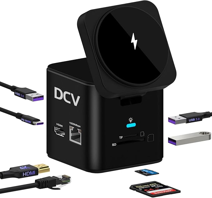 USB C Laptop Docking Station with MagSafe Charger Stand, 9 in 1 USB C Hub Multiport Adapter with 4K HDMI, 1Gbps Ethernet, 3 USB 3.0, SD/TF, Compatible with MacBook/Dell/HP/Lenovo/iPhone (Black)